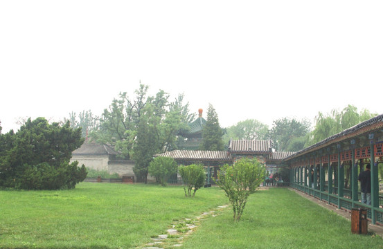 雨天北宁公园绿地长廊树木