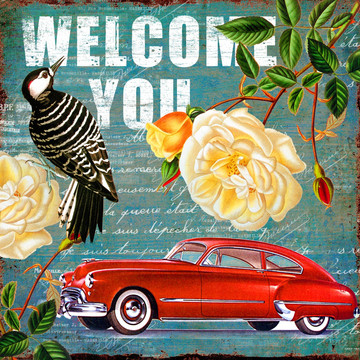 老爺車(chē) 花卉 無(wú)框畫(huà) 合理分層