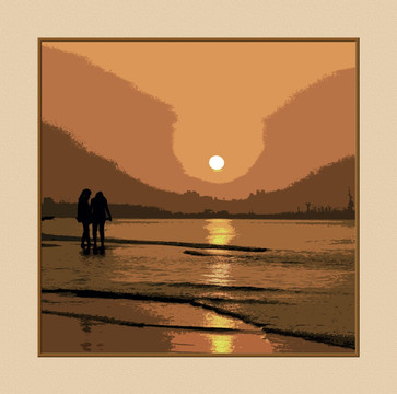 版畫 海灘散步
