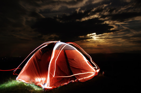 江布拉克夜晚的帐篷光绘