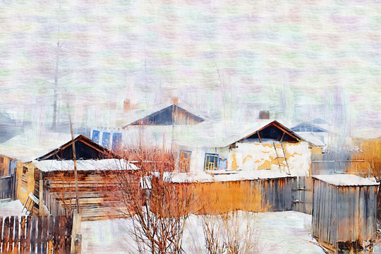 山村冬雪圖 電腦油畫