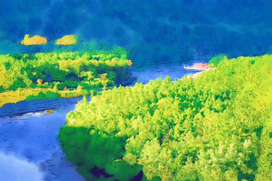 森林河景圖 電腦油畫(huà)