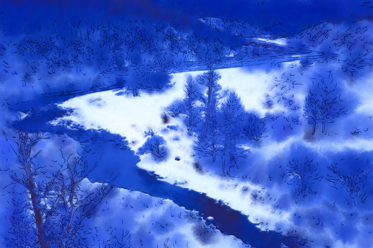 藍(lán)色冰河 電腦水彩畫