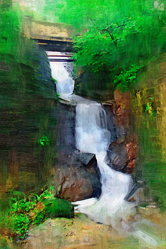 油畫(huà) 瀑布 山間小溪