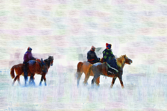 草原踏雪圖 電腦油畫