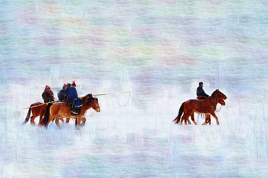 草原踏雪圖 電腦油畫