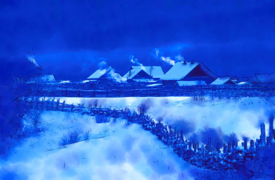 雪鄉(xiāng)冬韻圖 電腦水彩畫