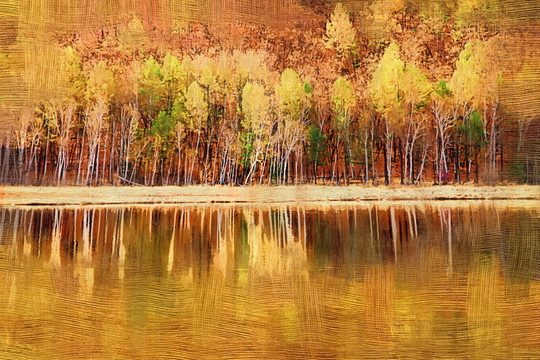 湖泊秋林 电脑油画