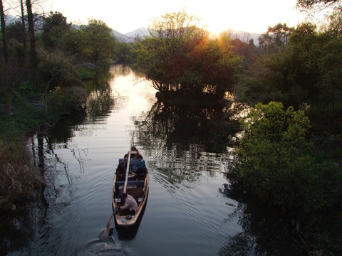 西湖 杨公堤 春季 夕阳 游船