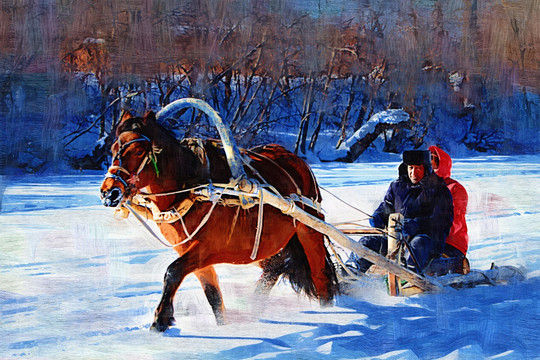 馬拉爬犁踏雪圖 電腦油畫