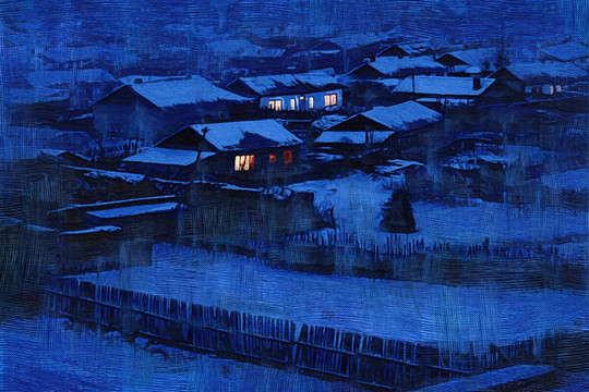 山村冬夜燈光圖 電腦油畫
