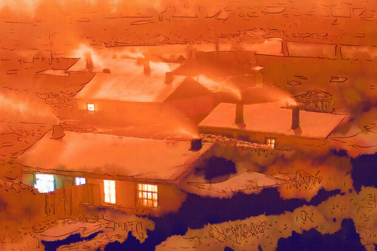 雪村之夜炊煙圖 電腦抽象畫