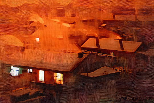 山里人家夜景炊煙圖 電腦油畫(huà)