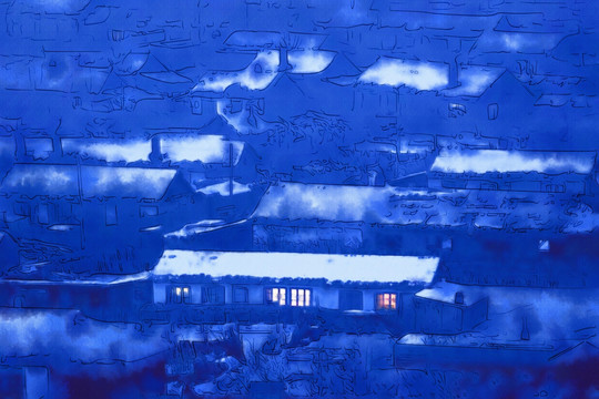 山里人家冬夜 電腦畫