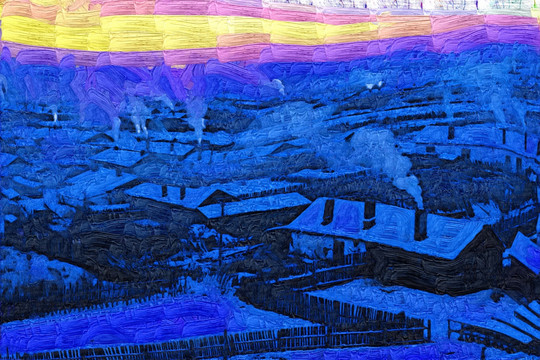 山村冬雪圖 電腦油畫