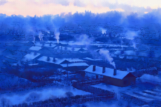 山村冬天的早晨 電腦畫