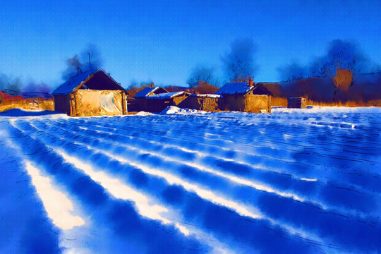 山里人家雪景 电脑水彩画