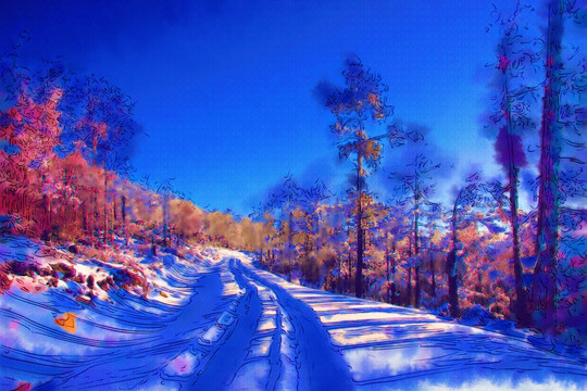 冰林雪路 電腦水彩畫