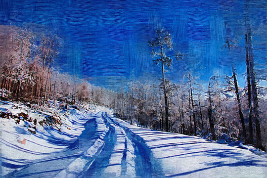 森林雪路圖 電腦油畫
