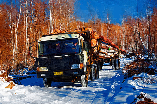 雪路運(yùn)木材 電腦油畫(huà)