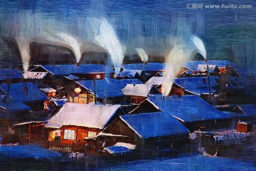 雪鄉(xiāng)夜色炊煙美 電腦油畫