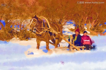 踏雪回娘家 電腦水彩畫