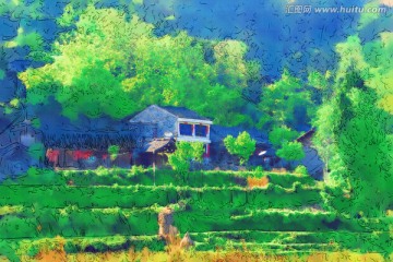 山村農(nóng)居圖 電腦水彩畫(huà)