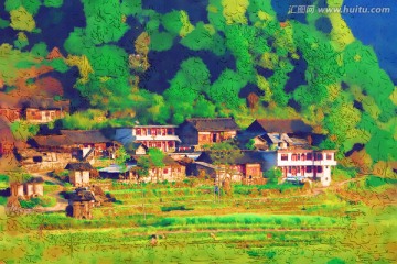 水彩山村 電腦畫