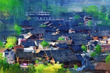 山村民居圖 電腦油畫
