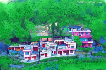 山村農居圖 電腦水彩畫