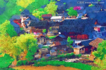 山村農(nóng)居圖 電腦水彩畫
