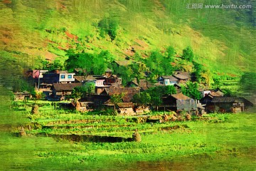 山村春色圖 電腦油畫