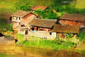 山村春色圖 電腦油畫
