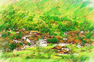 山村春意圖 電腦鉛筆畫