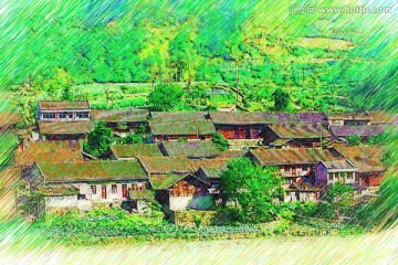 山村春意圖 電腦鉛筆畫(huà)