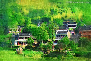 山村春色圖 電腦油畫
