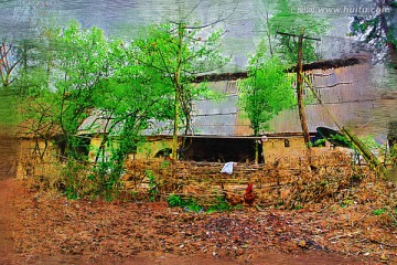 山村民居圖 電腦油畫