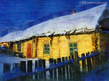 山村農(nóng)家雪景 電腦油畫