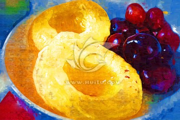 油画装饰画 早餐 面包 水果