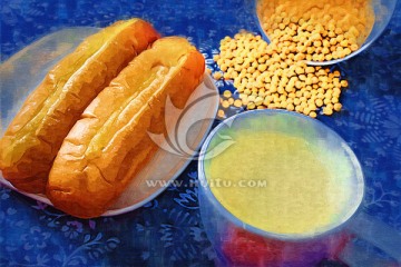 油畫裝飾畫 早餐 豆?jié){配面包