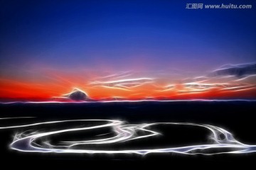 河灣暮色圖 電腦抽象畫