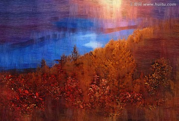 湖畔紅葉 電腦油畫(huà)