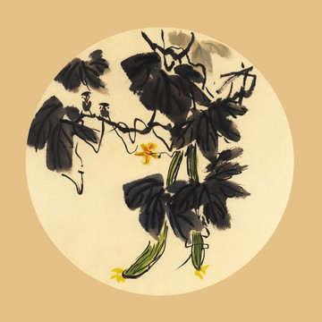 國(guó)畫(huà)絲瓜 蔬菜繪畫(huà) 扇面畫(huà)