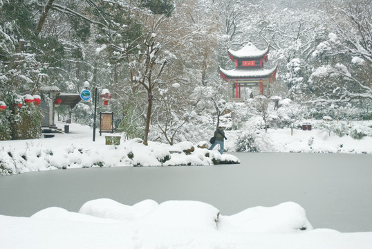 冬天雪景的爱晚亭