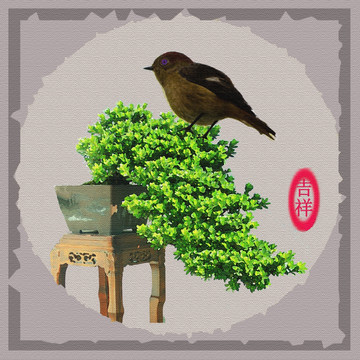 盆景樹(shù)鳥(niǎo)裝飾畫(huà)