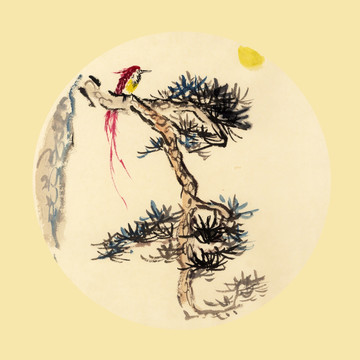 松樹小鳥國(guó)畫圖