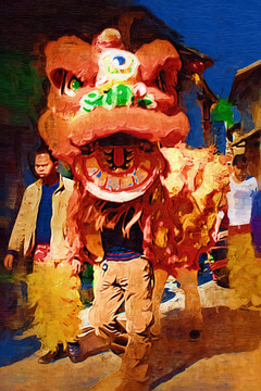 舞獅油畫