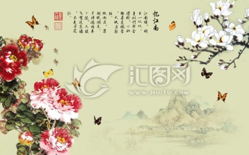 憶江南 紅牡丹壁紙 壁畫 墻紙