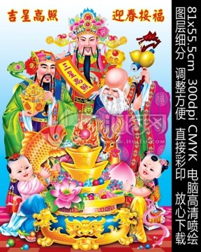 三星高照 福祿壽 中堂畫