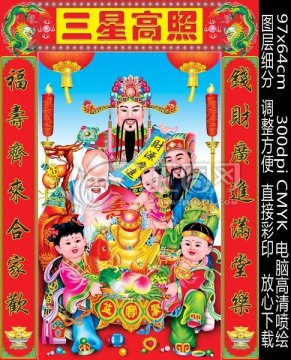 三星高照 福祿壽 中堂畫
